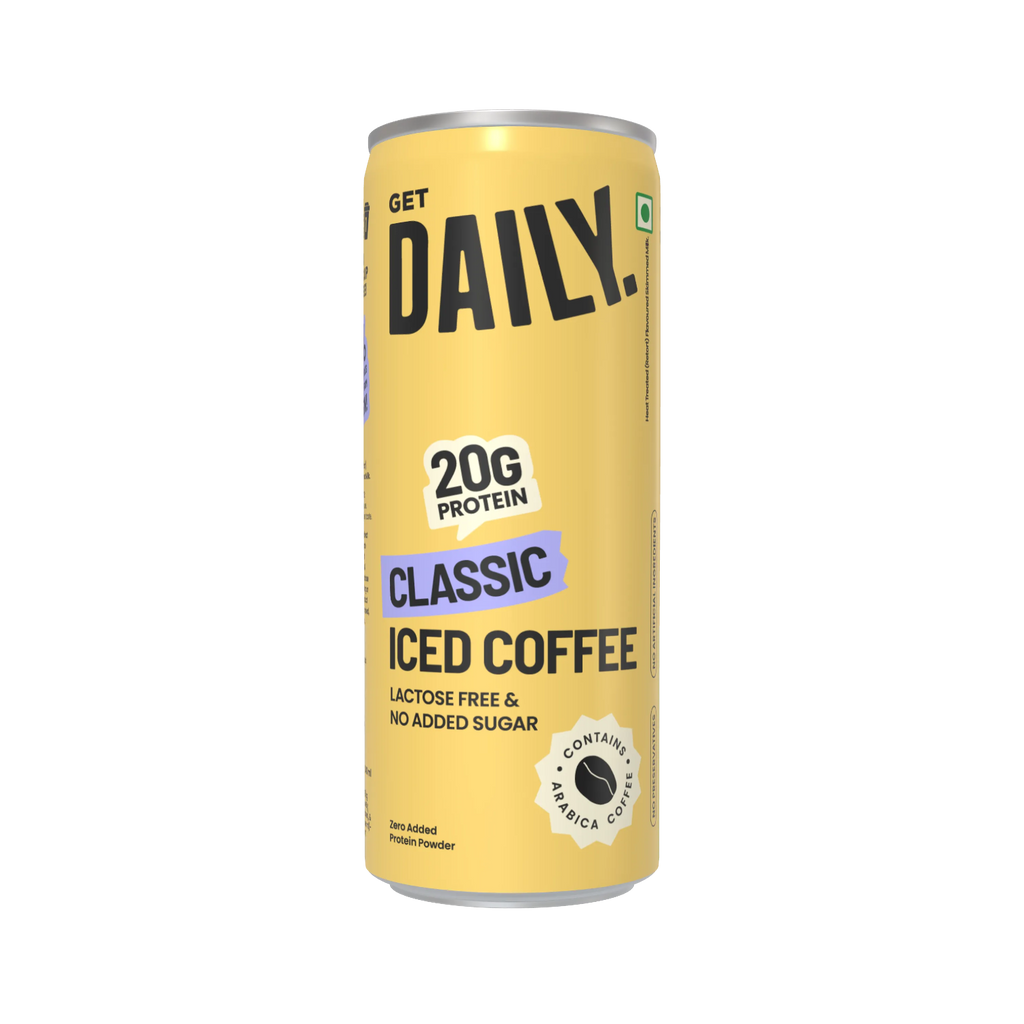 A single can of Get Daily Classic Iced Coffee protein drink, featuring a pale yellow label with black and purple text, shown on a plain white background.