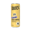 A single can of Get Daily Classic Iced Coffee protein drink, featuring a pale yellow label with black and purple text, shown on a plain white background.