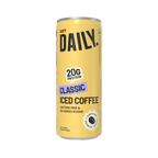 A single can of Get Daily Classic Iced Coffee protein drink, featuring a pale yellow label with black and purple text, shown on a plain white background.