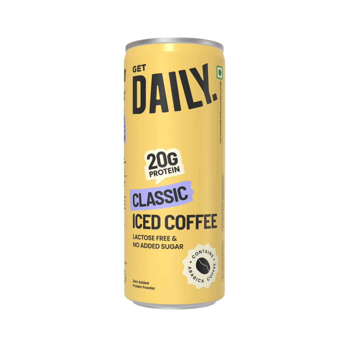 A single can of Get Daily Classic Iced Coffee protein drink, featuring a pale yellow label with black and purple text, shown on a plain white background.