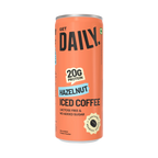 An orange can of Get Daily Hazelnut Iced Coffee protein powder, featuring bold black text, a light blue 'HAZELNUT' banner, and a gold badge indicating 20g protein.