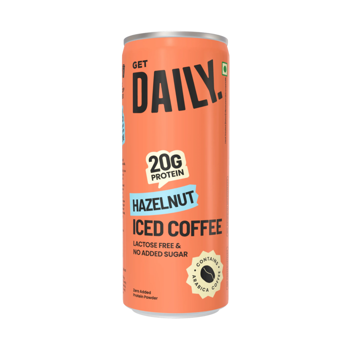 An orange can of Get Daily Hazelnut Iced Coffee protein powder, featuring bold black text, a light blue 'HAZELNUT' banner, and a gold badge indicating 20g protein.