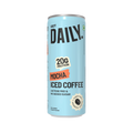 A light blue can of Get Daily Protein Mocha Iced Coffee, featuring black text and an orange accent label, on a plain white background.
