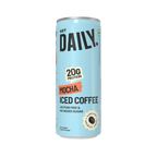 A light blue can of Get Daily Protein Mocha Iced Coffee, featuring black text and an orange accent label, on a plain white background.