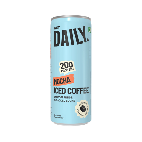A light blue can of Get Daily Protein Mocha Iced Coffee, featuring black text and an orange accent label, on a plain white background.