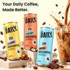 Three Get Daily. 20g protein iced coffee cans in yellow, orange, and blue, displayed with coffee beans, chocolate chunks, ice cubes, and a glass of iced coffee with a coffee splash against a light beige background.